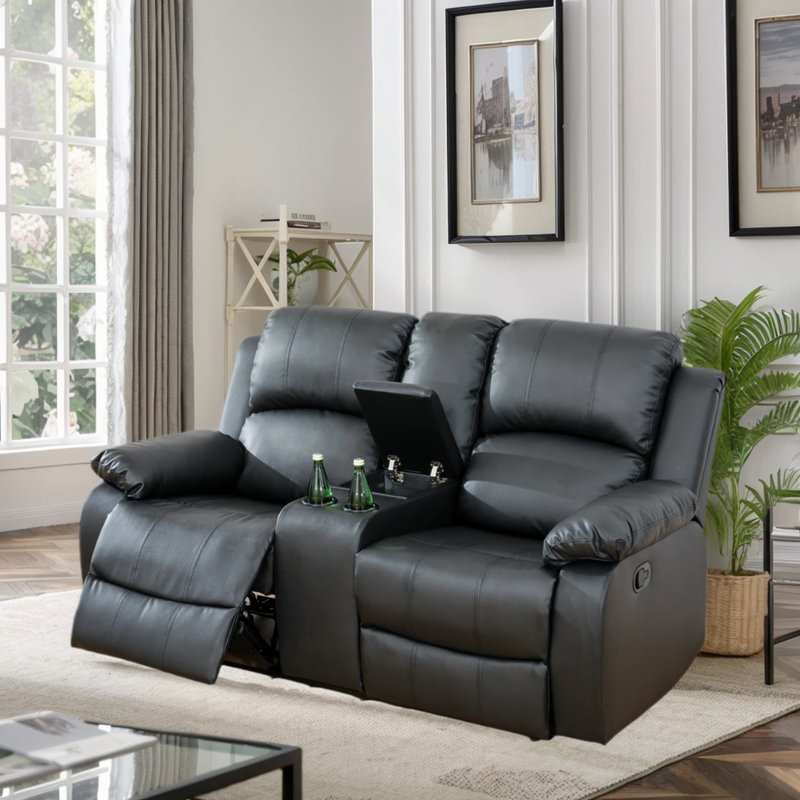 Causeuse inclinable de 68 po en cuir végétalien de qualité supérieure avec console centrale et porte-gobelets