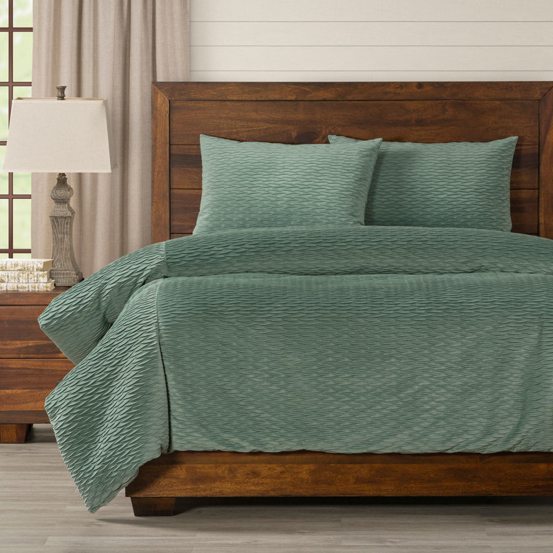 Pleated Velvet Seafoam Green Duvet Cover Set, Full Duvet Cover + 2 Standard Shams