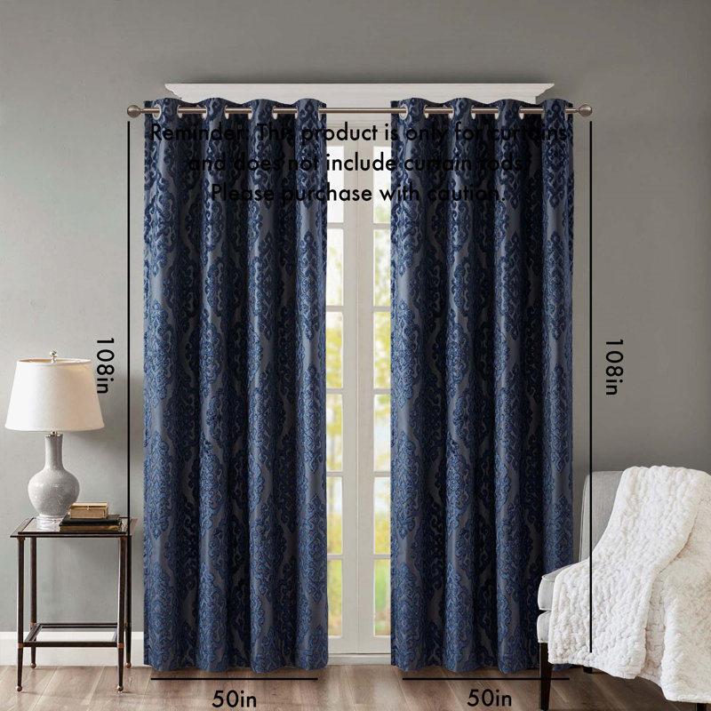 Knitted Jacquard Damask Total Blackout Grommet Top Curtain Panel(Only 1 Pc Panel), Navy, 50" W x 108" L