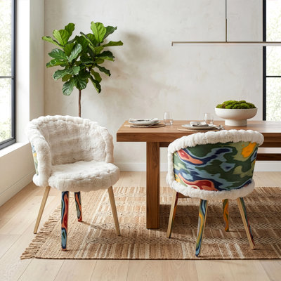 Set of 2 Beverly White Sherpa Fabric Dining Chair with Wood