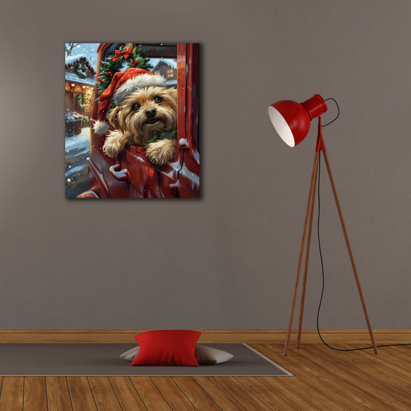 «The Holiday Aisle®« Puppy with Santa Hat On A Red Pickup 1 »par Momart, art mural sur toile, 26 po x 30 po