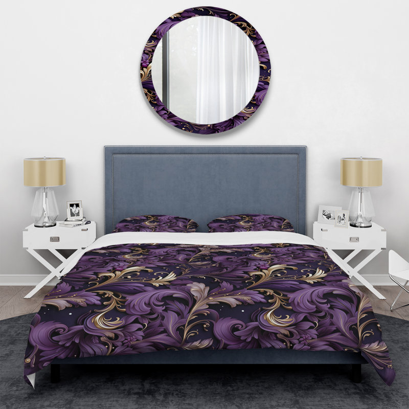 Glamorous Gold And Purple Damask Pattern III - Ensemble de housse de couette en marbre