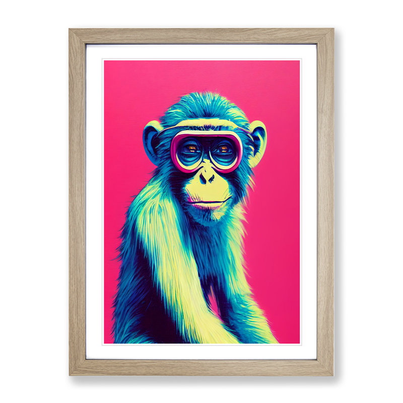 Colourful Monkey - Single Picture Frame Print, 64cm H x 46cm W x 2cm D, Oak