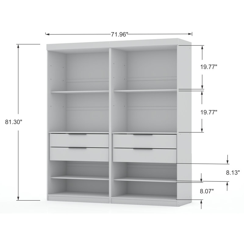 Mulberry Contemporary Modern Open Wardrobe Closet with Drawers and Adjustable Shelves in White, White