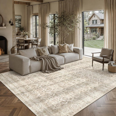 Tapis lavable beige doux de style bohème vintage pour salon