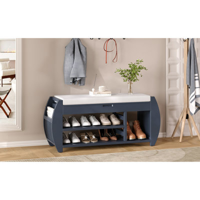 Banc de rangement pour chaussures, banc à chaussures avec coussin et côté incurvé, banc multifonctionnel rétro pour vestibule et salon