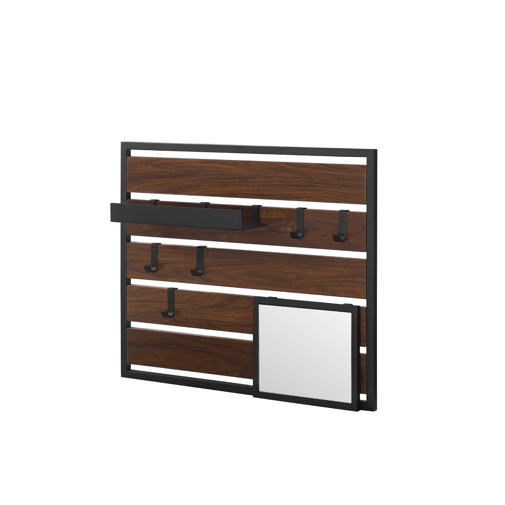 Dark Walnut/Black Wood and Metal Industrial Wall Organizer with Hooks