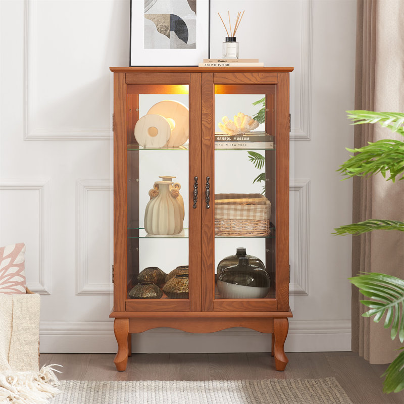 2 Doors Curio Cabinet With Tempered Glass Doors, Oak