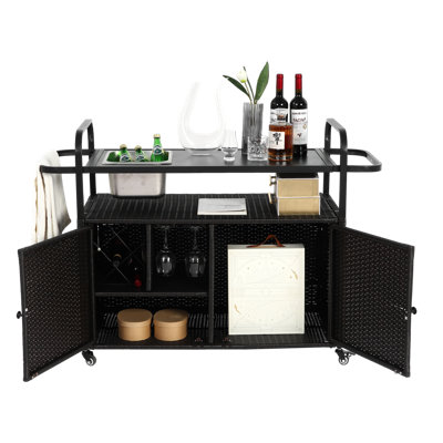 Outdoor Bar Cart with Cabinet, Wicker Serving Cart with Steel Top, Includes Ice Bucket, Lockable Wheels, and Side Basket for Garden, Poolside, or Back