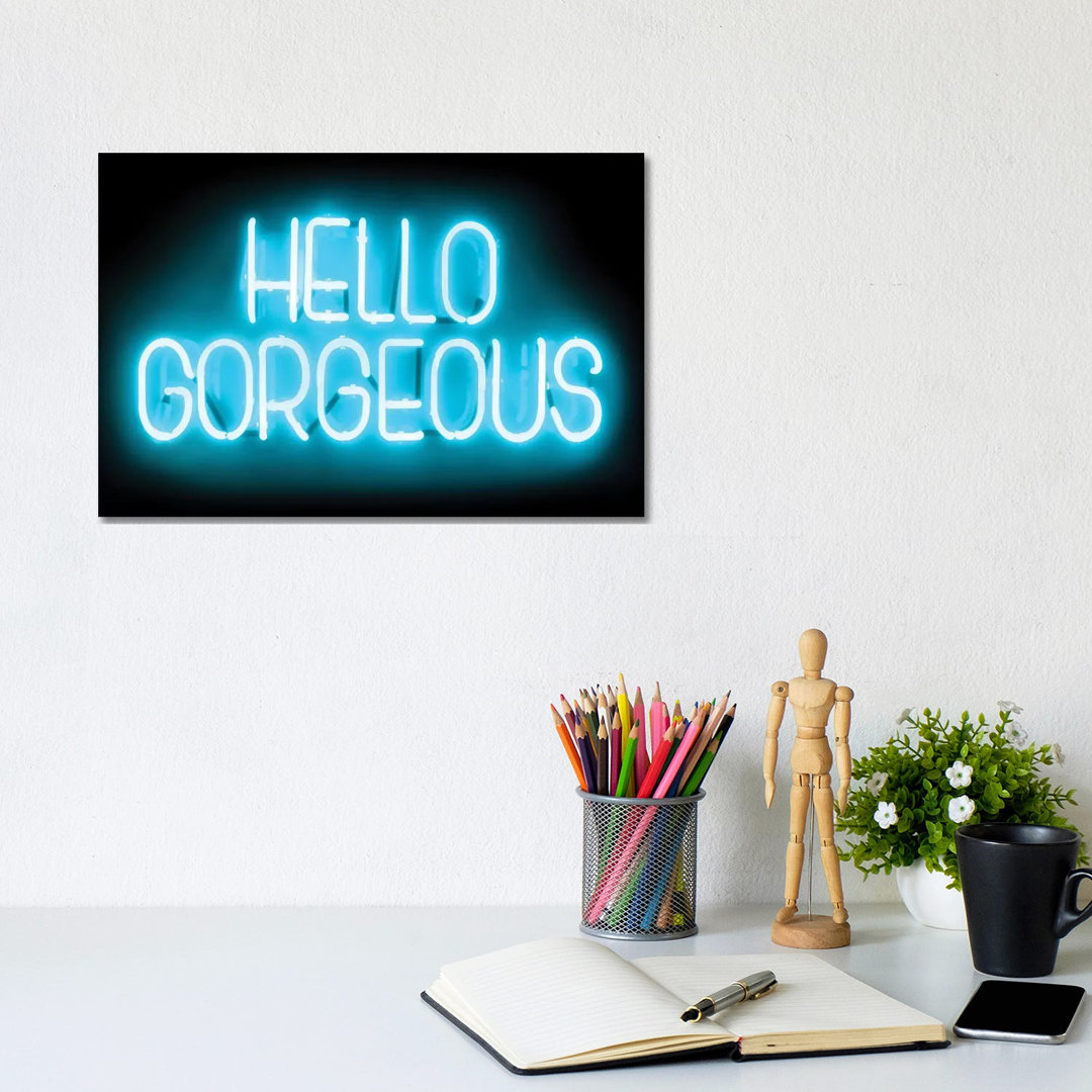 Neon Hello Gorgeous Aquaon Black by Hailey Carr - Wrapped Canvas Print