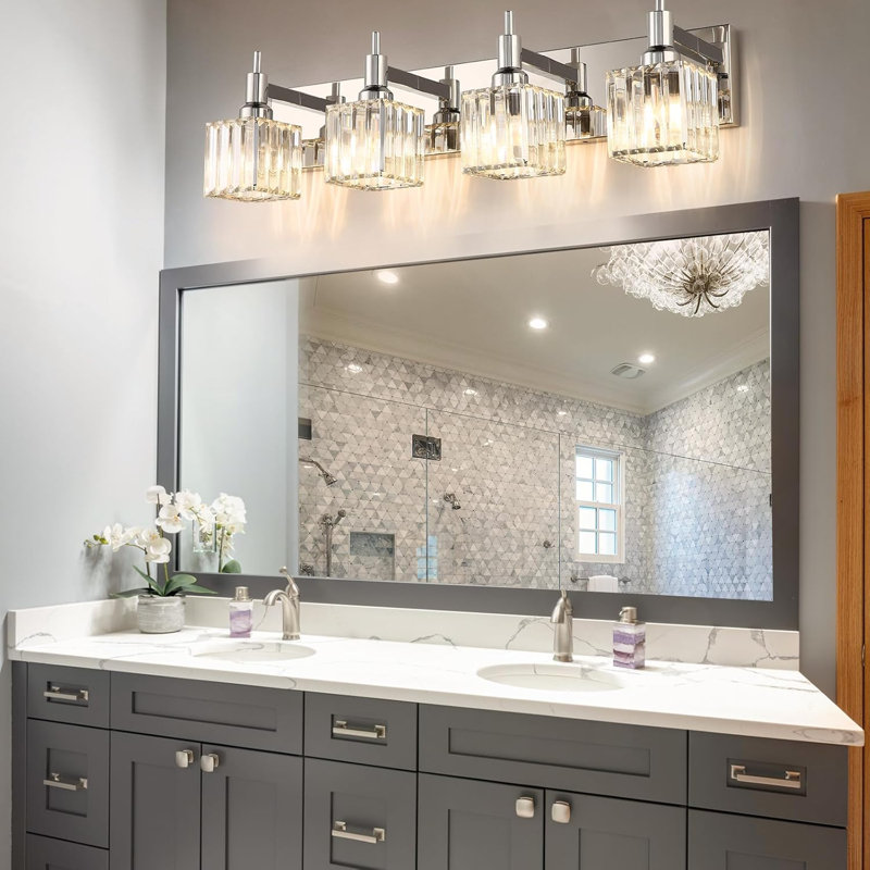 Luminaire de meuble-lavabo moderne en cristal avec finition noir mat et laiton, 4 lumières à intensité variable