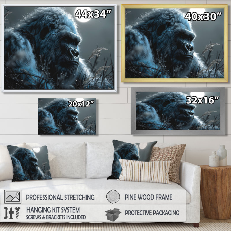 Noir et blanc Bigfoot Moonlit Meadow - art mural Bigfoot, Toile tendue, 34" H x 44" W