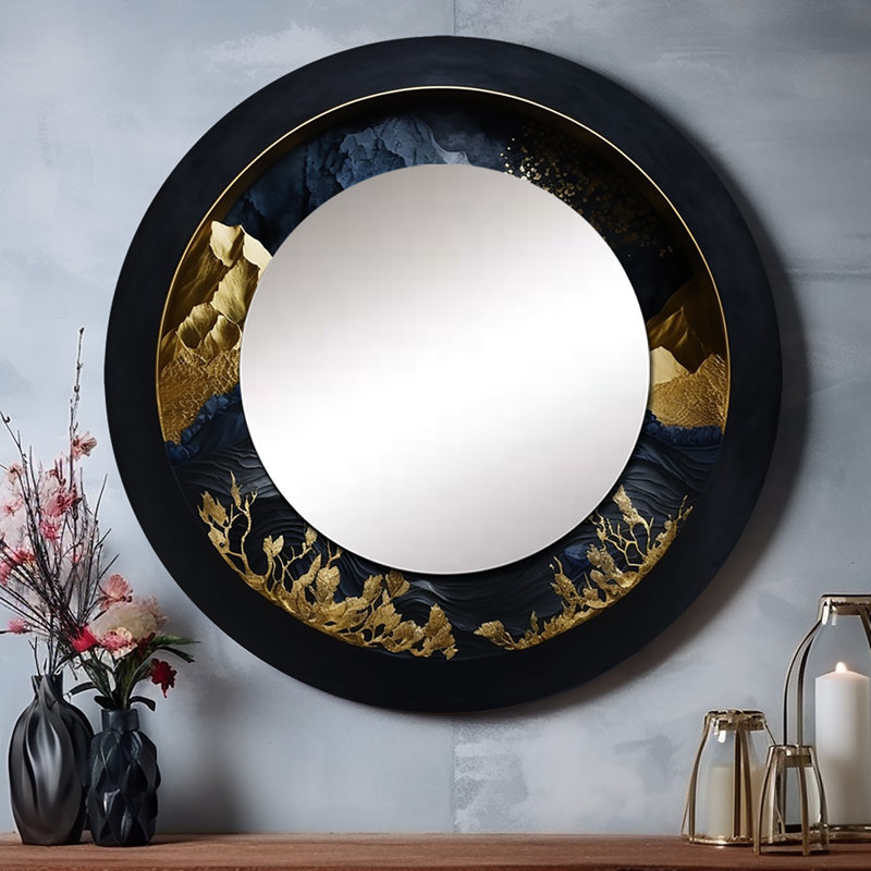 Olutomi Gold Frosted River And Mountain II - grand miroir mural Forest River Mountains, miroir décoratif rond bleu, impression d'art en métal