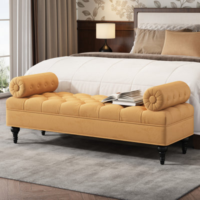 Repose-pieds jaune moderne, banc rembourré en velours avec 2 coussins amovibles, conception de bout de lit, look élégant, cadre pour chambre à coucher, salon et entrée, style tendance, éponge haute densité