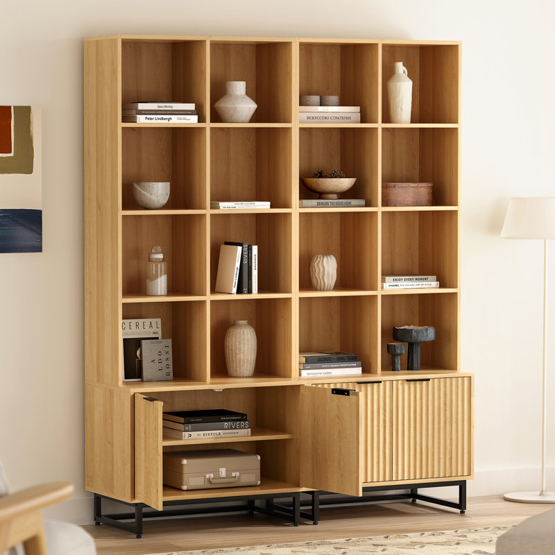 Bibliothèque à 4 niveaux H 70,9 po x l 28,34 po avec armoire de rangement (ensemble de 2), Chêne naturel