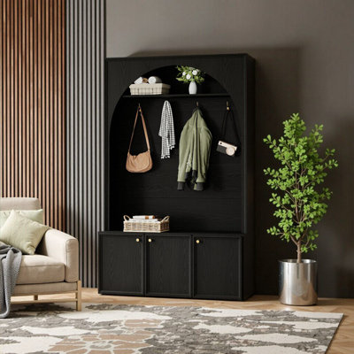 Walnut Farmhouse Arched Hall Tree with Bench, 3 Cabinets & Golden Hooks - All-in-One Entryway Storage Solution