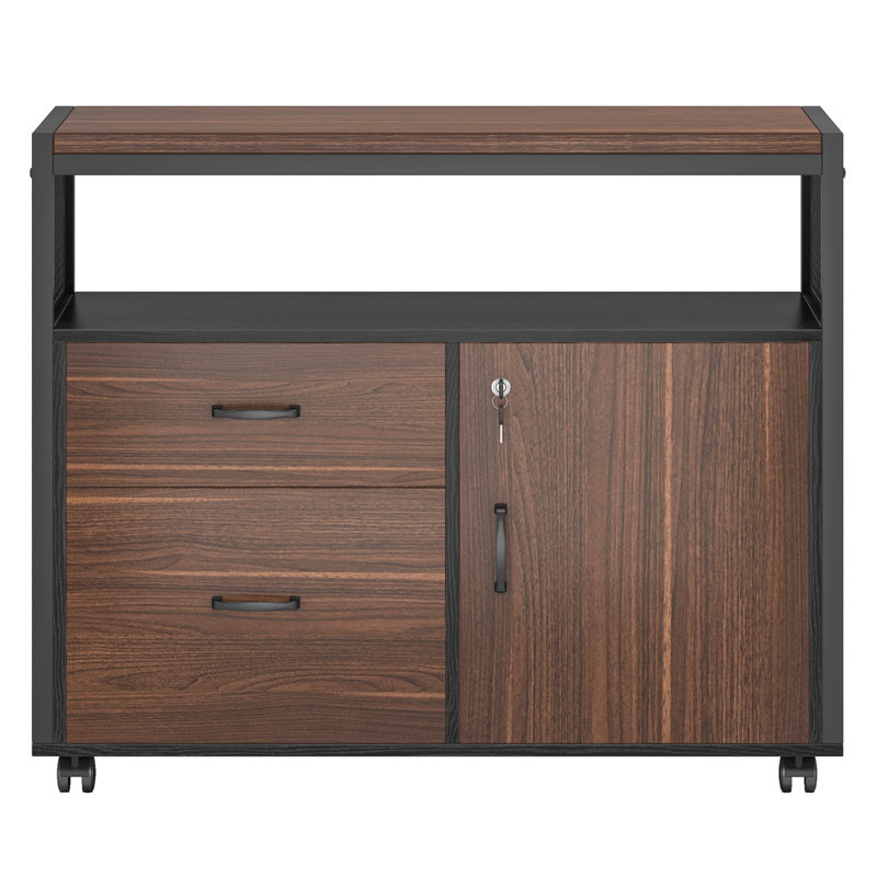15.74"W X 29.92"H Mobile 2 Drawer File Cabinet With Doors, Dark Brown/Black