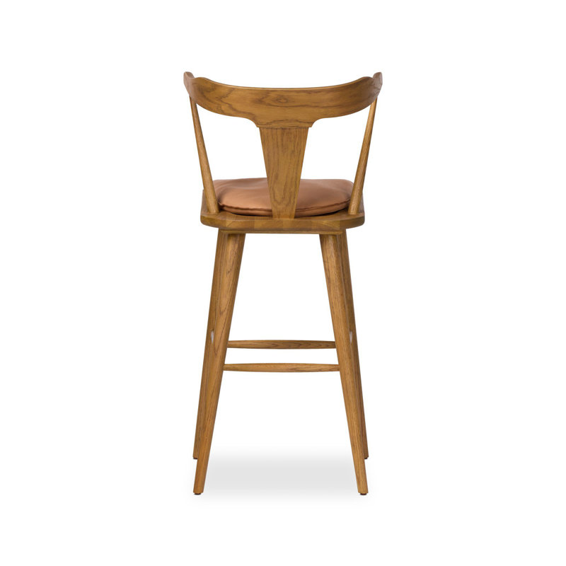 Garth Solid Wood Bar Stool, Sandy Oak, Whiskey Saddle/Genuine Leather, Bar Stool (29.94" Seat Height)