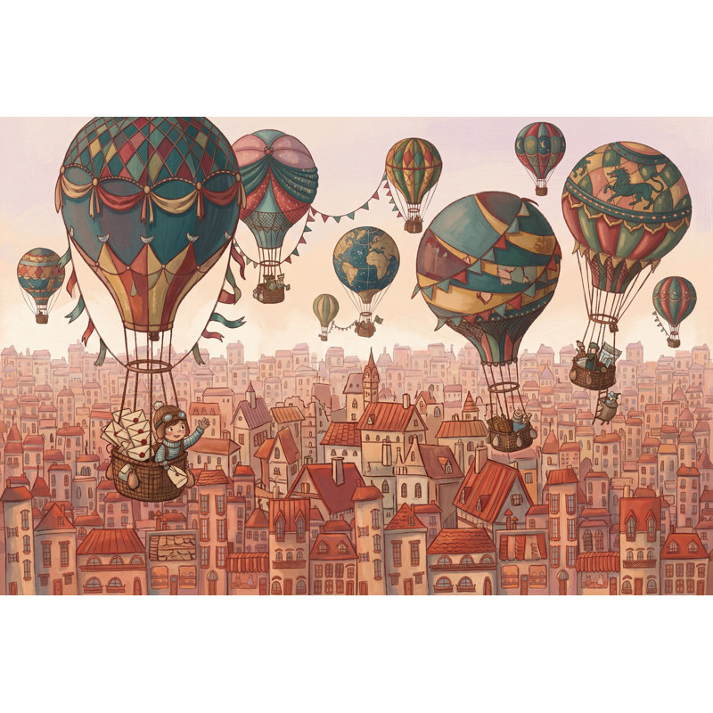 Papier peint carte du monde, montgolfière, horizon de la ville, 100 po x 96 po, Texturé non collé
