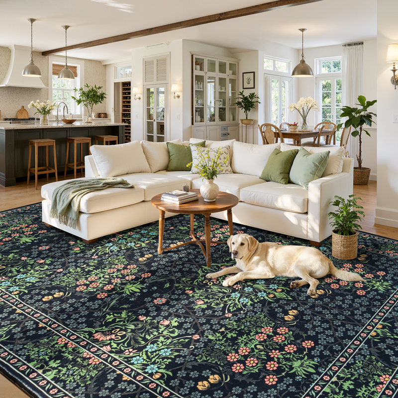 6'X9' Machine Washable Floral Area Rug With Non-Slip Backing for Living Room and Bedroom Black, Rectangle 6' x 9'