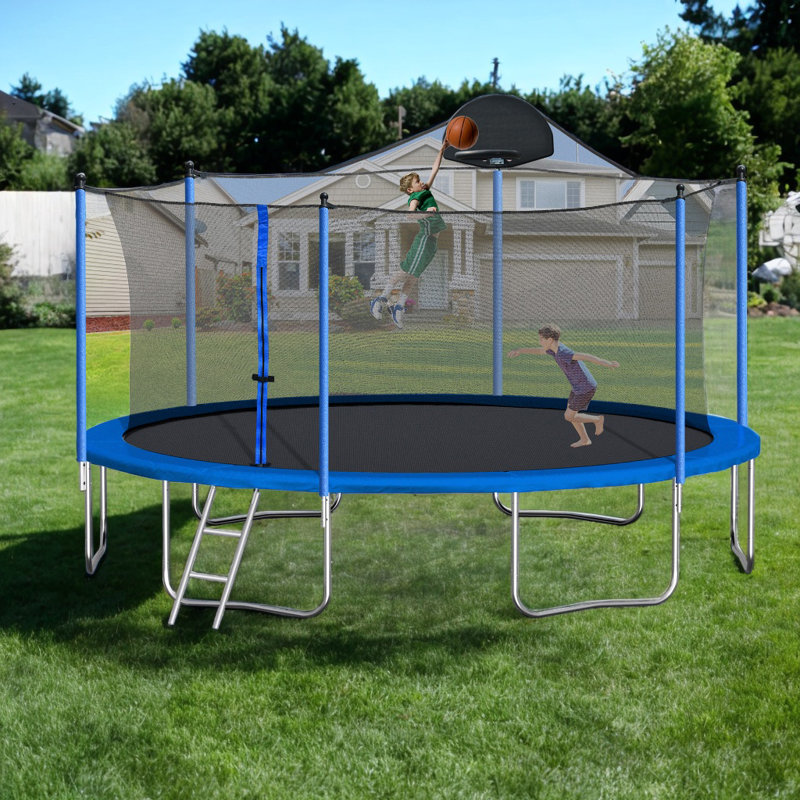 Trampoline de 14 pieds pour enfants et adultes avec panier de basketball, enceinte de sécurité et housse double face colorée
