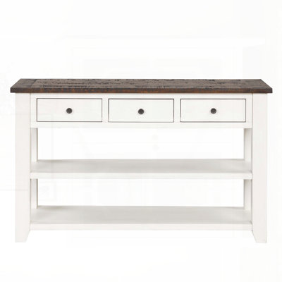 48" Solid Pine Wood Top Console Table – 3 Drawers & 2 Shelves, Antique White