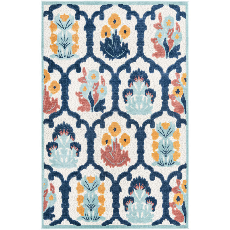 Outdoor Askersund Area Rug Ivory-Navy Blue Color, Rectangle 5'3" x 8'