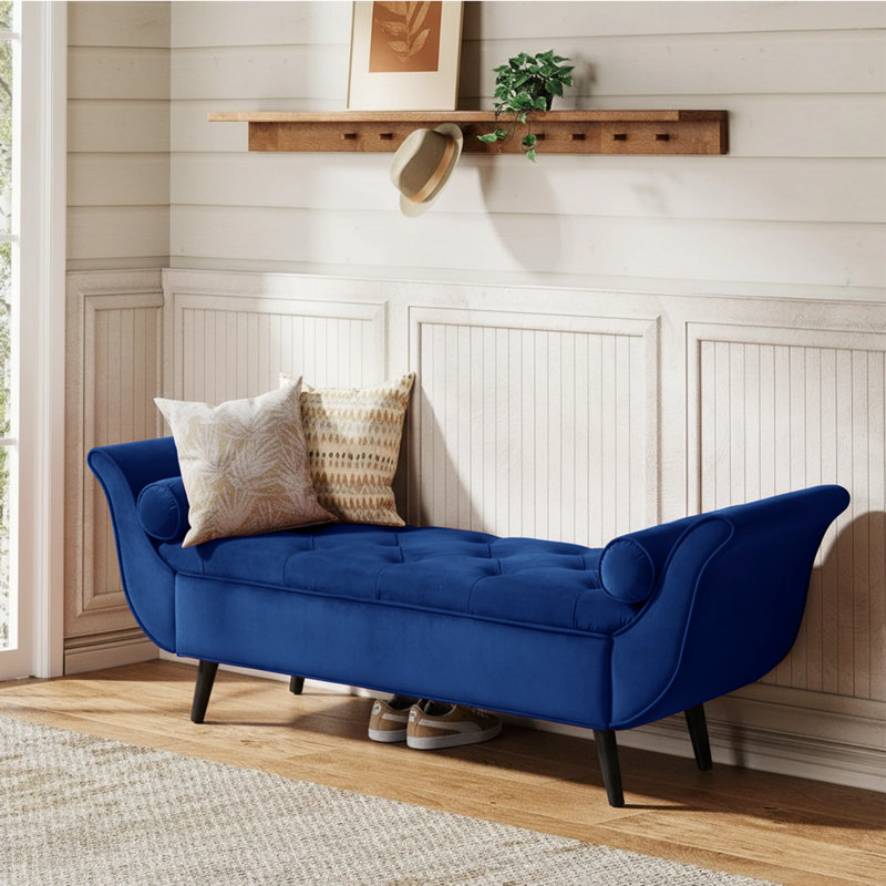 Velvet Upholstered Storage Bench, Navy Blue