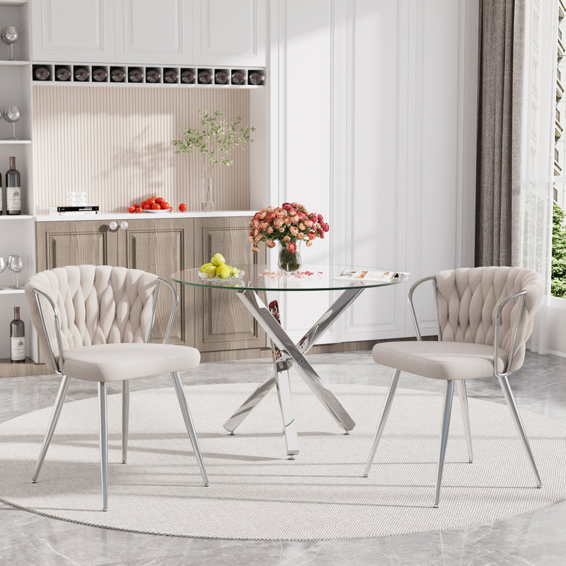 Ensemble repas rond, Beige, 3 pièces: table, 2 chaises, Argent argent