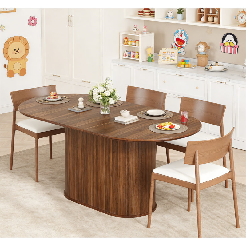 Extendable Dining Table with Modern Striped Legs for Living Room and Kitchen, Walnut