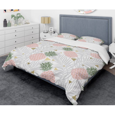 Ensemble de housse de couette pineappple sur les feuilles tropicales de style mid-century
