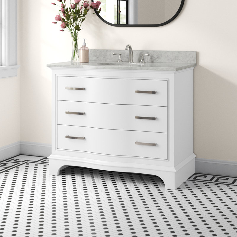 Goleta 42" W Solid and Manufactured Wood Single Bathroom Vanity with Marble Top, White/Brushed nickel