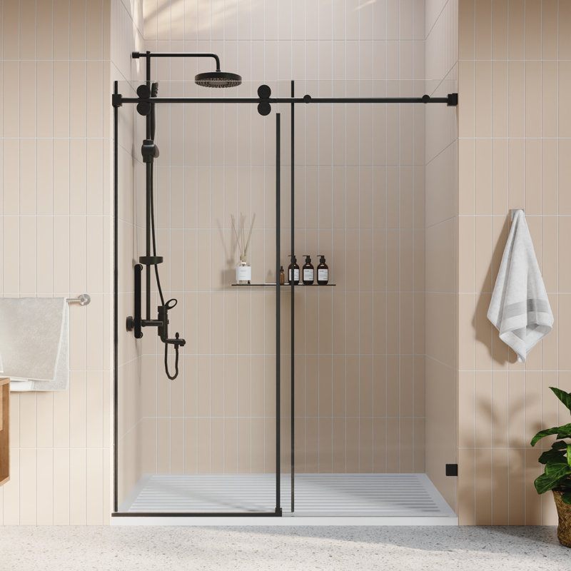 DeerValley 56" - 60" W x 76" H Single Sliding Frameless Shower Door with 3/8" Tempered Glass, Stainless Steel Accessories