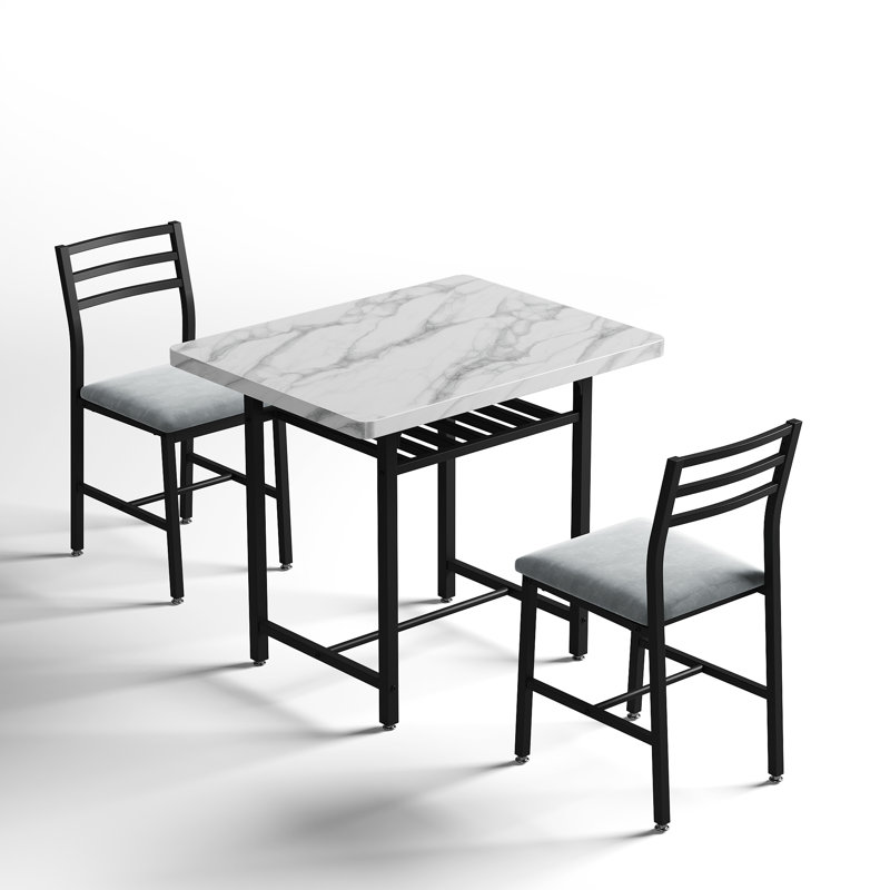 3-Piece Dining Table Set With Faux Marble Tabletop, Under-The Table Storage And Cushioned Chairs For Small Space, Minimalist Dining Set For Kitchen, Home Bar And Patio