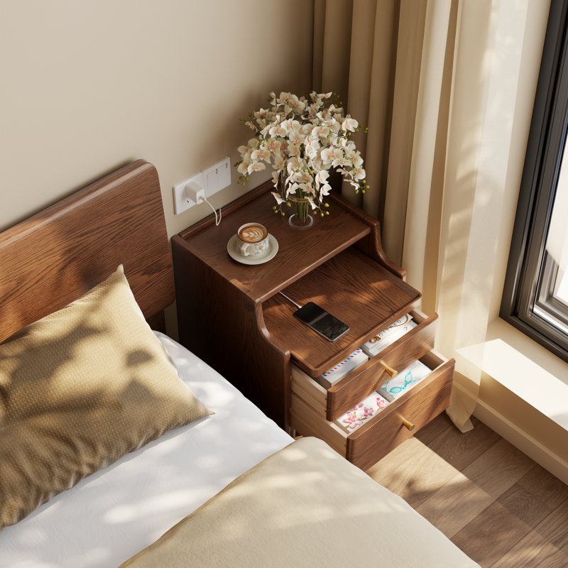 Narrow Solid Wood Nightstand with 2 Drawers, Brown, 15.74"W
