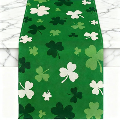 White And Green Shamrocks Table Runner, St. Patrick’S Day Holiday Decor For Home And Party