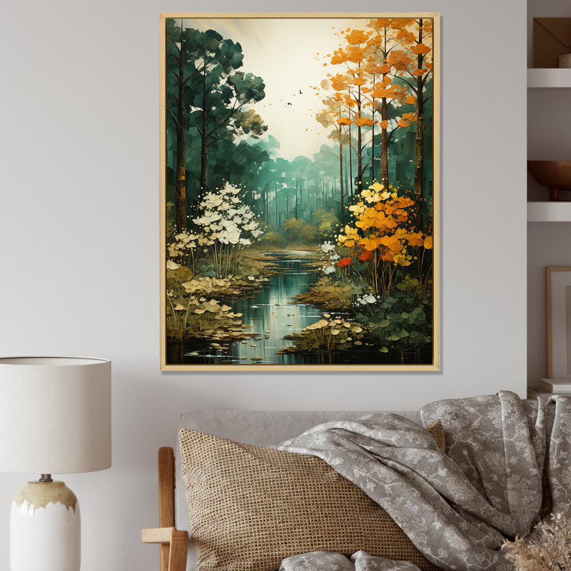 Collage de la forêt d'automne - reproduction sur toile, Cadre naturel flottant, H 32 po x l 24 po