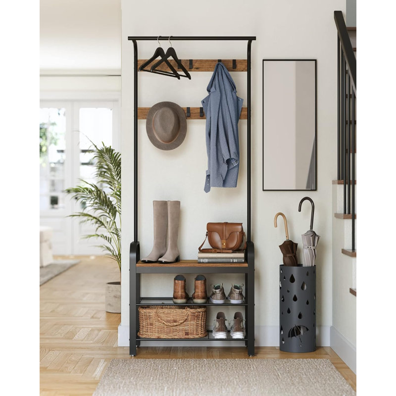 Coat Rack, Hall Tree With Shoe Bench For Entryway, Entryway Bench With Coat Rack, 4-In-1, With 9 Removable Hooks, A Hanging Rod, 13.3 X 28.3 X 72.1 Inches, Rustic Walnut And Black UHSR040B41