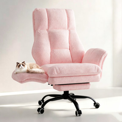 Big and Tall Office Chair, Flip Armrests for Pets & Cross Legged Sitting, Executive Ergonomic Computer Gaming Chair with Foot Rest, Teddy Fleece Wide Seat Reclining Desk Chair, Pink