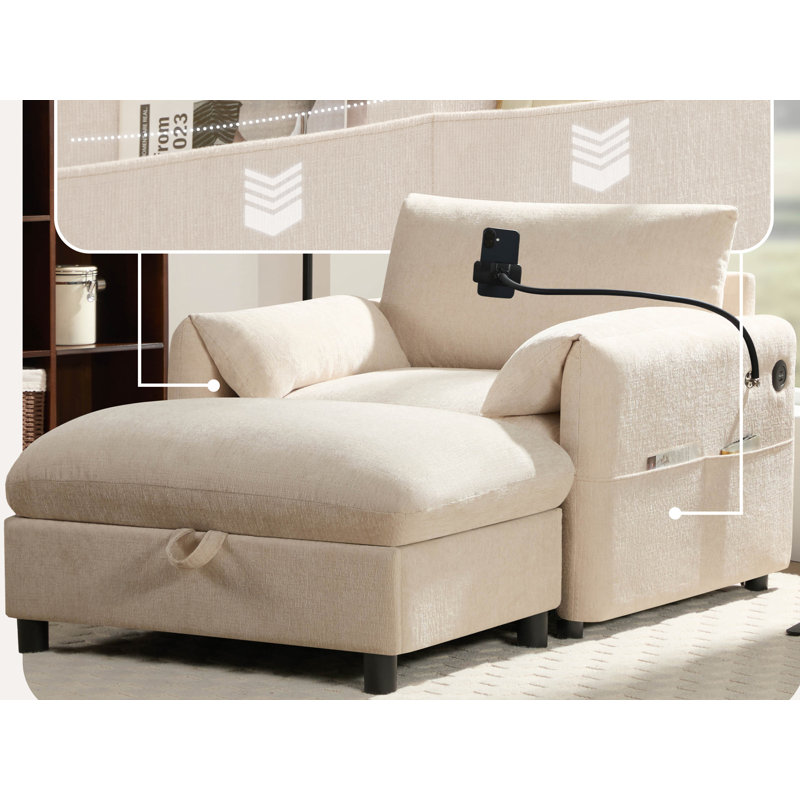 Chenille Armchair With Ottoman, Beige