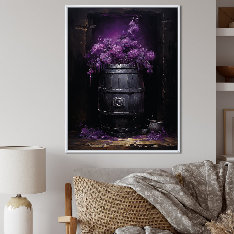 Fleurs mauves en bois tonneau de vin - art mural vin, H 40 po x l 30 po x P 1,5 po, Cadre flottant blanc