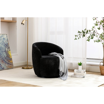Élégante chaise pivotante en chenille noire Ignatius avec base en bois et fauteuil rembourré en mousse