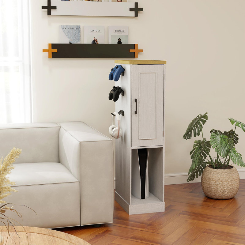 44,49 po Meuble audio-vidéo pour console de jeu, meuble de rangement multimédia avec 2 tiroirs intégrés et 3 crochets, console de jeu pour console PS5 et blanc antique