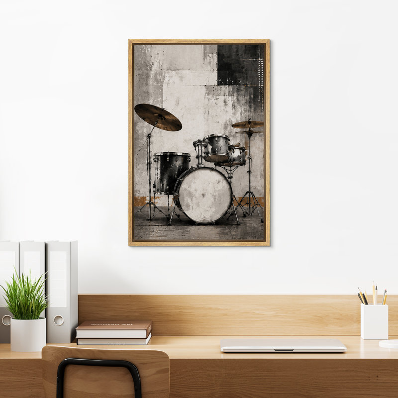 «Classic Drum Set Music Studio Artwork», reproduction d'art sur toile encadrée, 24" H x 16" W, Natural