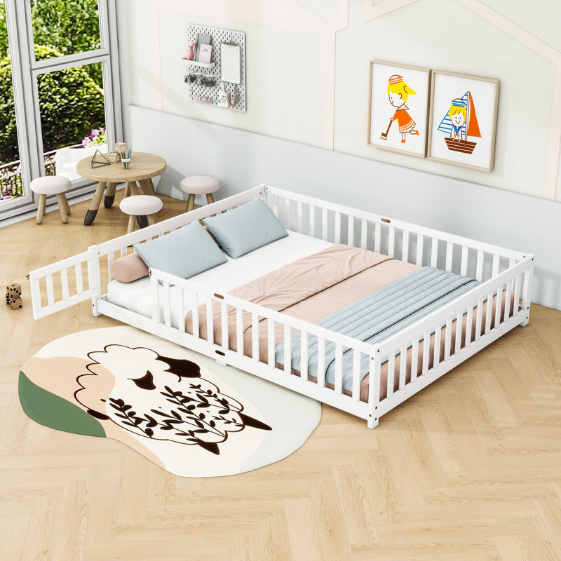 Queen Floor Bed With Safety Guardrails, White