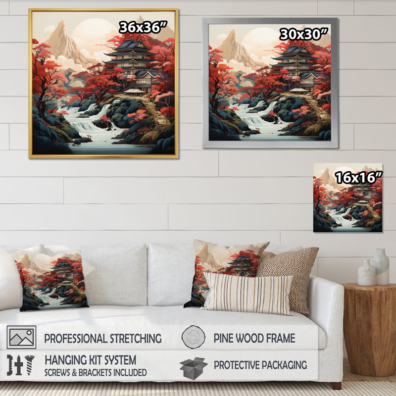 Art asiatique, paysage sur toile, H 30 po x l 30 po x P 1 po, Cadre flottant doré