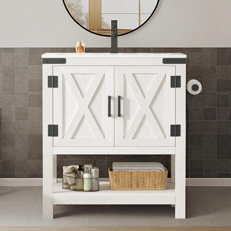 Chimira 30" Farmhouse Single Bathroom Vanity with Storage , White, White, 30"