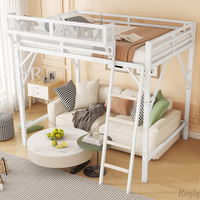 Lit mezzanine en métal avec échelle et tablettes de rangement, Blanc, Grand