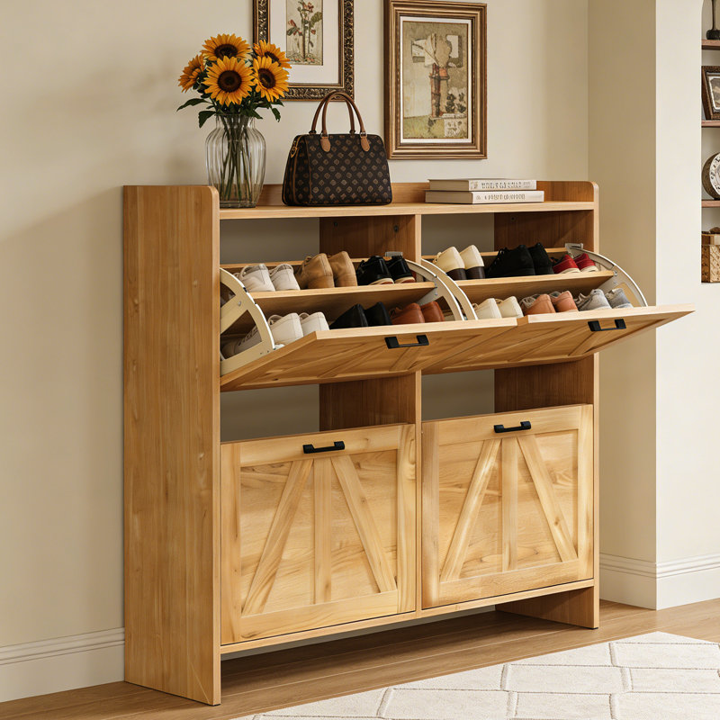 Narrow Shoe Storage Cabinet with 4 Flip Drawers for Entryway