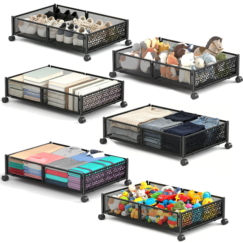 Contenants de rangement sous le lit avec roulettes, paquet de 6 tiroirs de rangement sous le lit en métal avec roulettes verrouillables à 360 °, assemblage sans outil en 1 minute, organisateur de couverture pliable pour vêtements pour chaussures pour la chambre à coucher